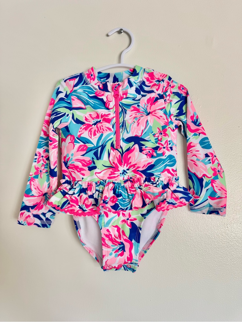 Girls Long-Sleeve Floral Rash Guard Swimsuit - Pink & Blue
